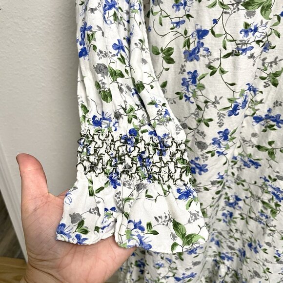 Zara Linen Blend Cottagecore Floral Long Sleeve Dress Smocked Neck size Small - Picture 8 of 11